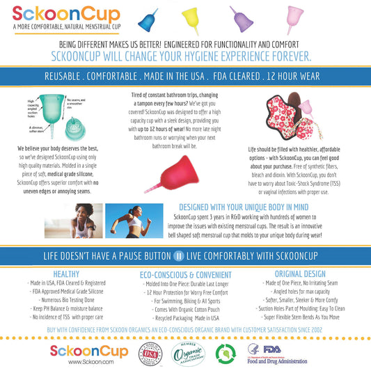 SckoonCup BEGINNER's CHOICE Menstrual Cup, Made in USA FDA Approved, Organic Pouch- Meditation - SckoonCup